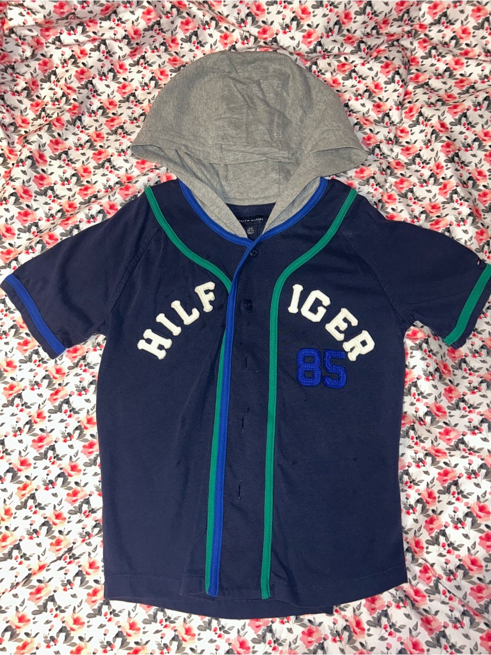 Tommy Hilfiger Navy Hooded Baseball Tee with Gray Hood